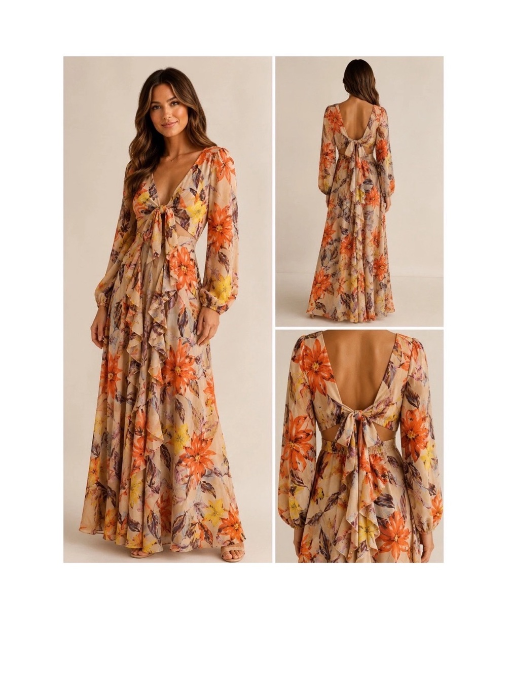 The Sang Floral Tie-Front Maxi Dress in Orange and Cream